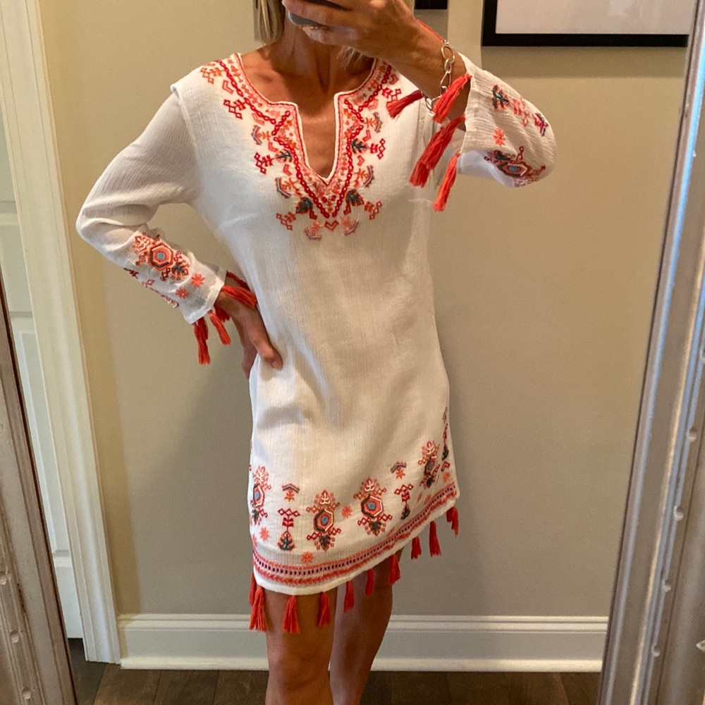 NWT Boho Beaded & Tasseled Cotton Gauze Dress